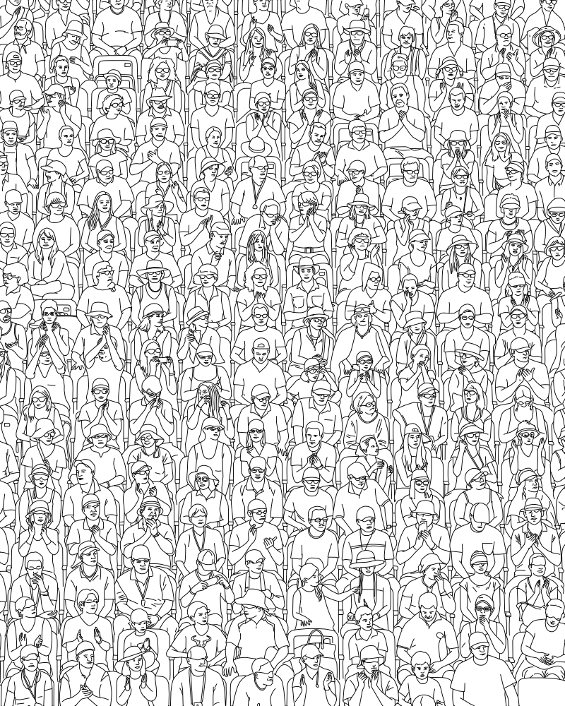 Stadium crowd spectators vector line drawing, tiered seating rows, individual figures with hats and raised hands.