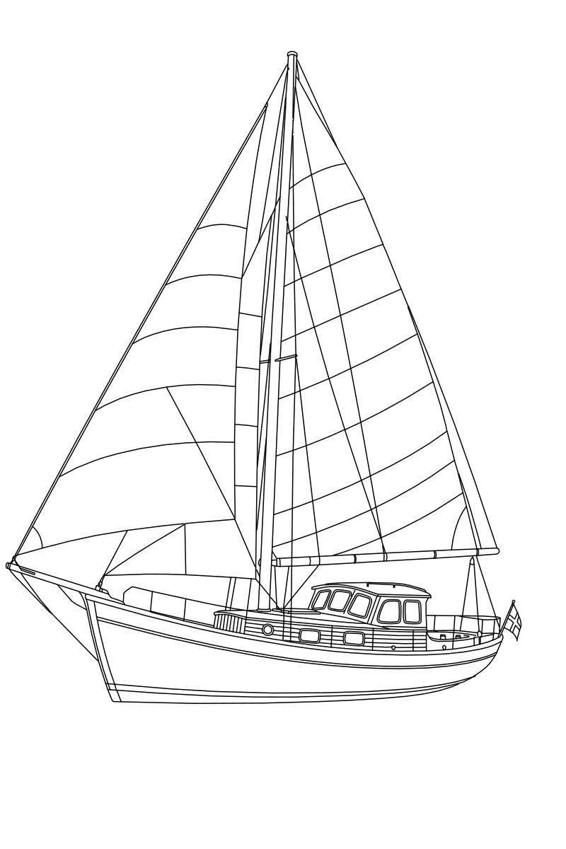 Striped sail ketch sailboat vector line drawing, pilothouse, bowsprit, overlapping headsail and running rigging detail.