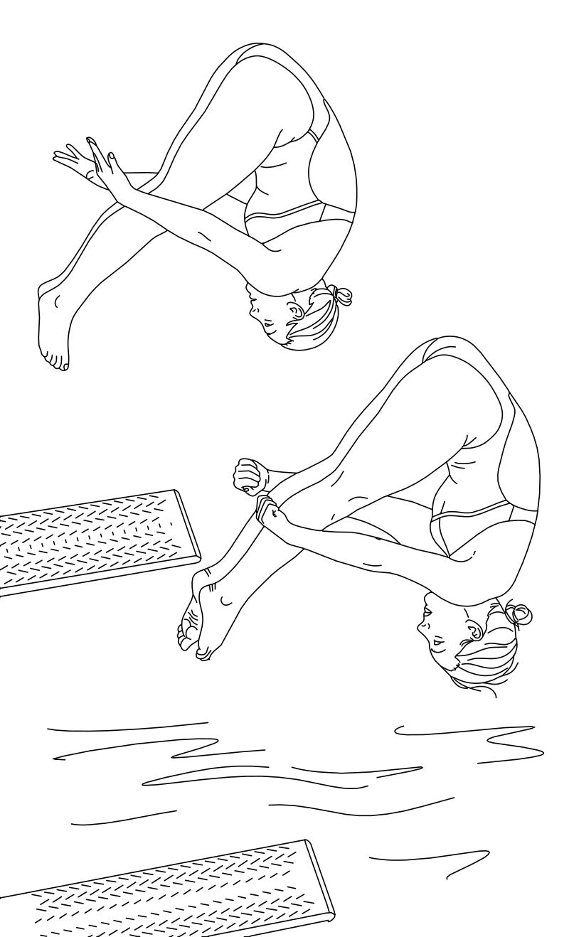 Synchronized platform divers vector line drawing, two figures in tucked mid-air rotation above springboards in near-mirror symmetry.