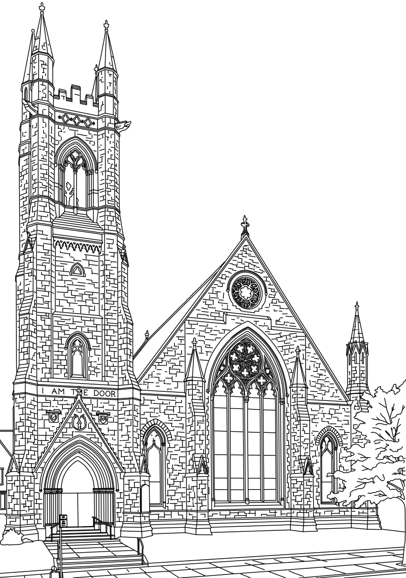 Line drawing of the Gothic Revival front of Tabernacle Presbyterian Church, Philadelphia, with its tower, tracery window and entrance arch