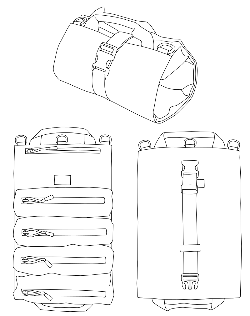Tactical roll bag vector line drawing, three views showing zippered compartments, D-ring handles, and buckle strap closure.