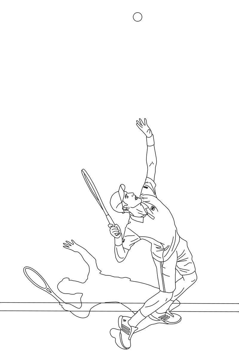 Tennis player serving vector line drawing, arm extended to ball toss, arched torso and racket frame with court shadow below.