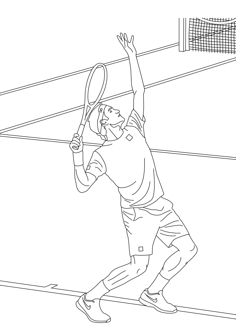 Tennis player serving vector line drawing, trophy-position pose with racket raised, tossing arm extended and court net in background.