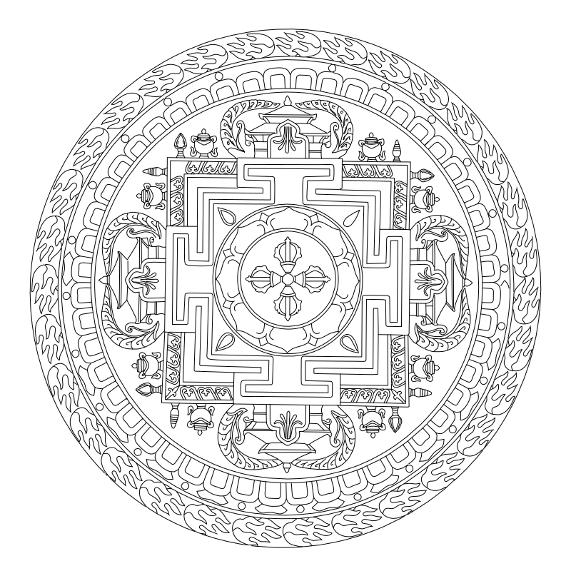 Tibetan Buddhist mandala vector line drawing, square palace with T-shaped gateways, double vajra center and flame border.