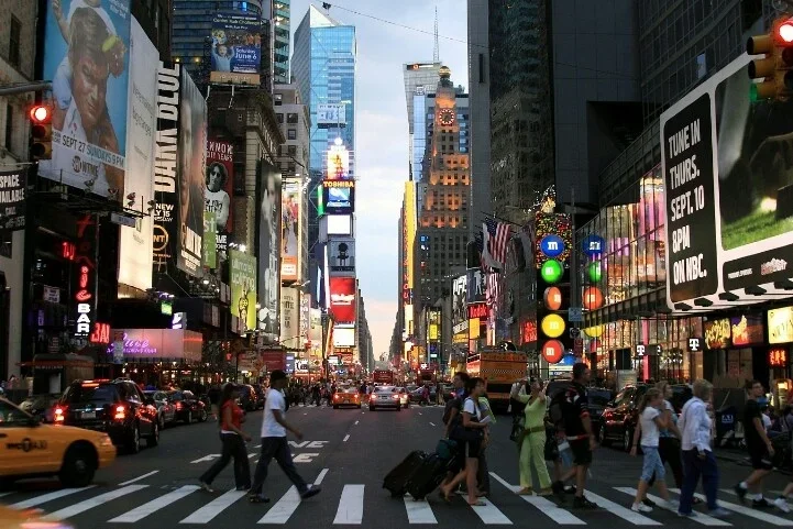 Original photo — Times Square New York City vector line drawing, skyscraper canyon, billboard frames, crosswalk and pedestrian figures.