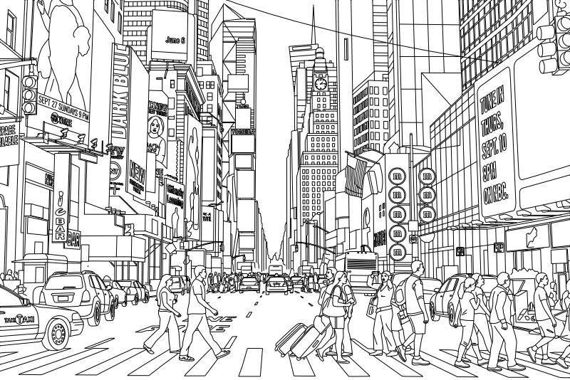 Times Square New York City vector line drawing, skyscraper canyon, billboard frames, crosswalk and pedestrian figures.