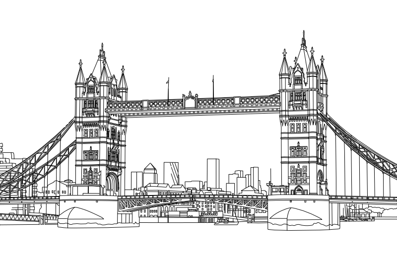 Tower Bridge London vector line drawing, twin Gothic towers with pointed turrets, elevated walkway and latticed suspension cables.