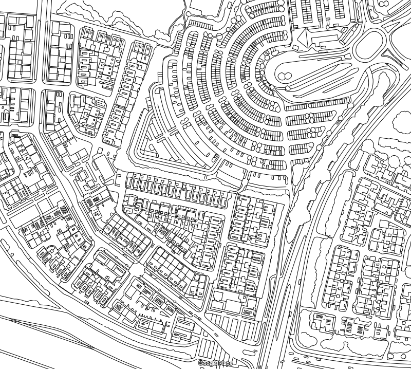 UK residential neighborhood site plan vector line drawing, housing footprints, curved road layout and parking facility, for architectural drafting reference.