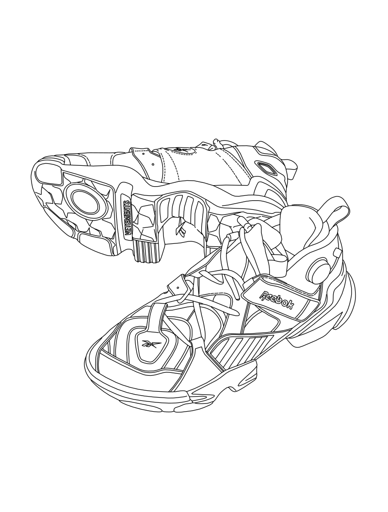 Vetements x Reebok Instapump Fury vector line drawing, chunky outsole tread, cage strapping upper and Pump inflation button detail.