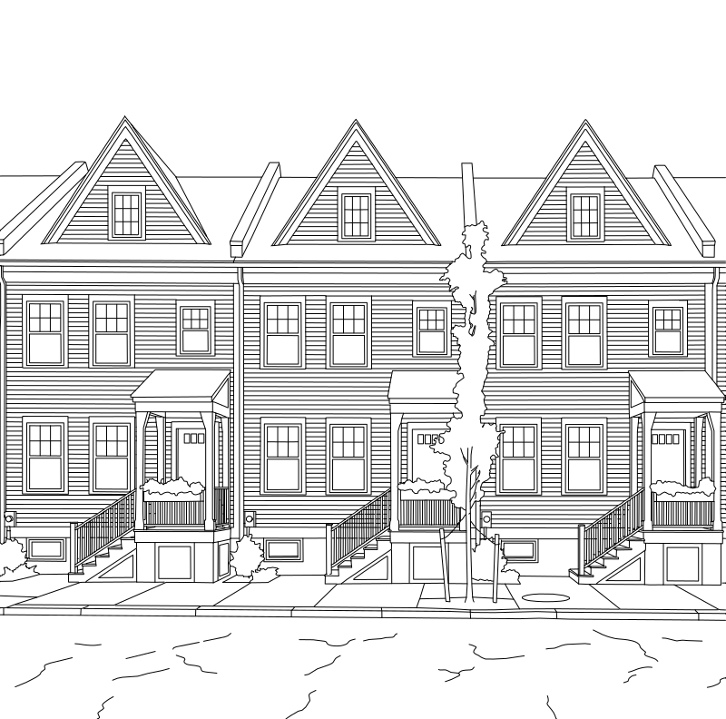 Victorian row townhouses vector line drawing, three-story facade with dormer gables, entry porches and repeating window arrangements.