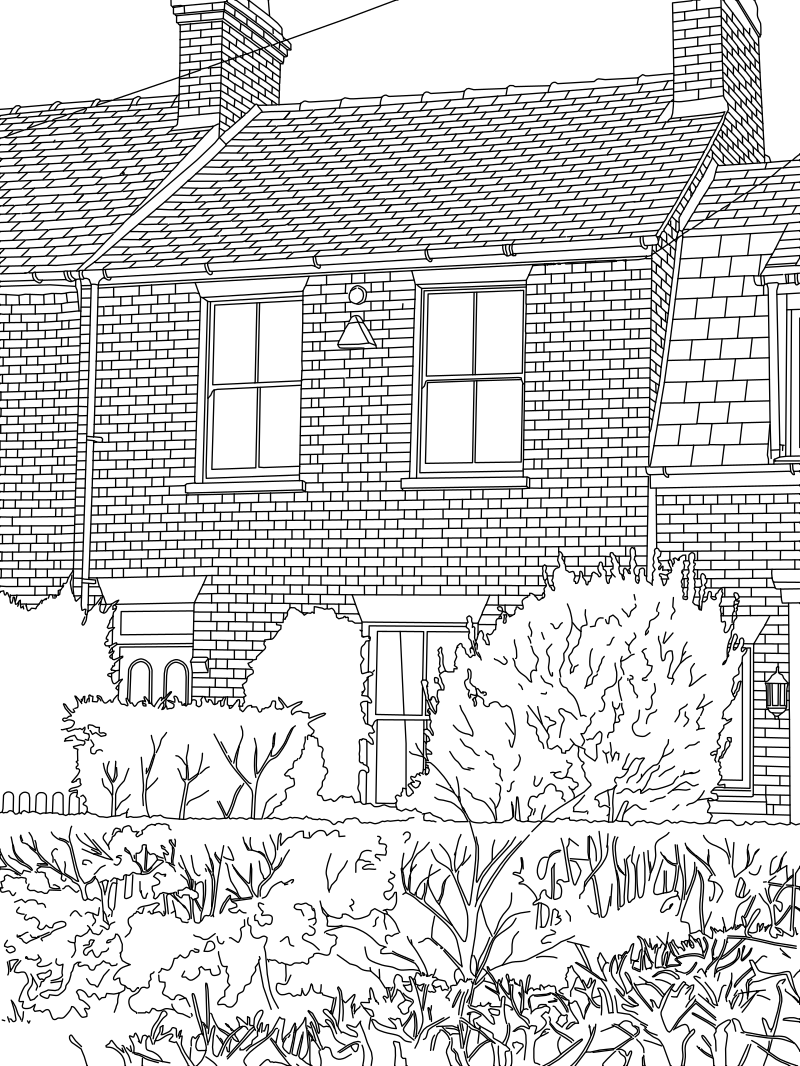 Vector line drawing of a Victorian terraced cottage facade, showing sash windows, chimney stacks, slate roof, panelled front door and garden hedgerows.
