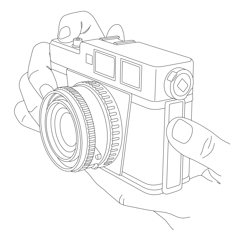 Vintage rangefinder film camera vector line drawing, circular lens with focus ring, dual viewfinder windows and film advance knob.