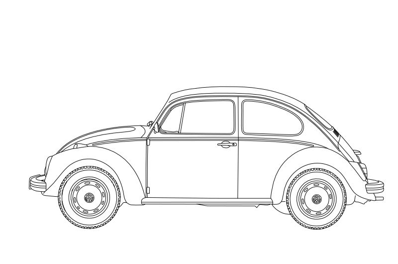 Volkswagen Beetle classic car vector line drawing, rounded roofline, curved fender arches and period hubcap detail.