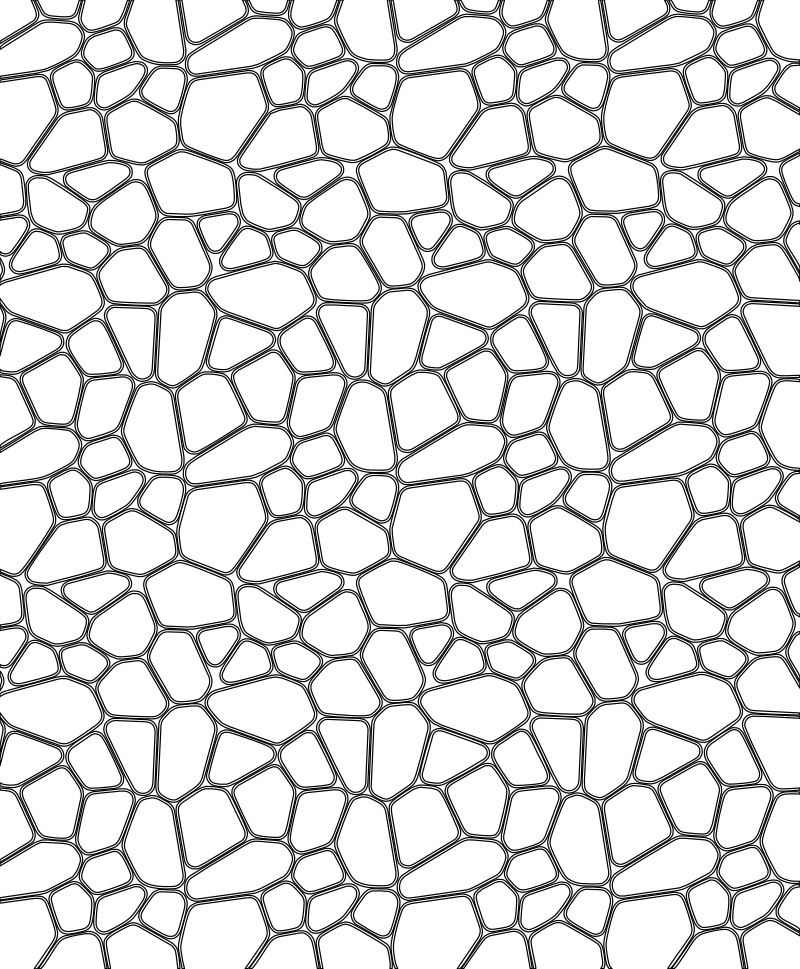 Voronoi stone mosaic pattern vector line drawing, irregular polygonal cells of varying size and interlocking closed-polygon boundaries.