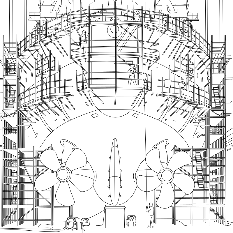 Twin-screw warship dry dock vector line drawing, twin propellers, curved hull sections and scaffold framing visible from astern.