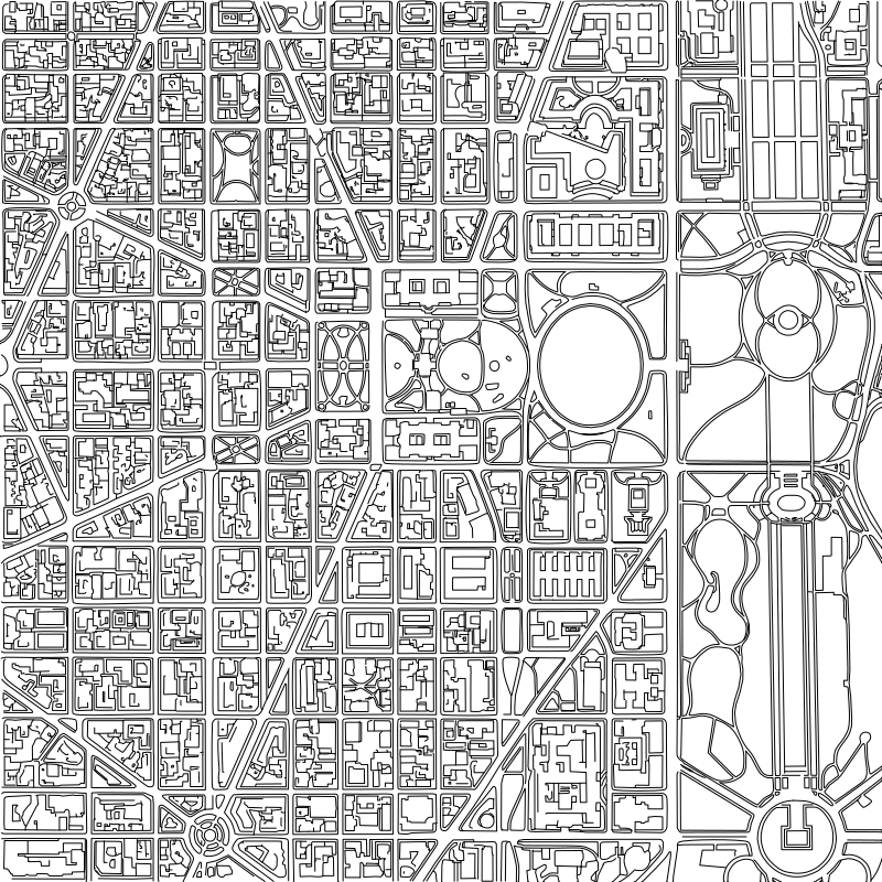 Washington DC National Mall vector line drawing, street grid, building footprints and elliptical park paths.
