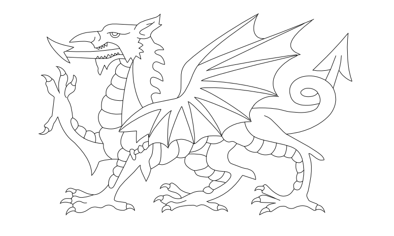 Welsh Dragon vector line drawing, rearing stance with bat-like wings, scaled neck, serrated spines and curled barbed tail.
