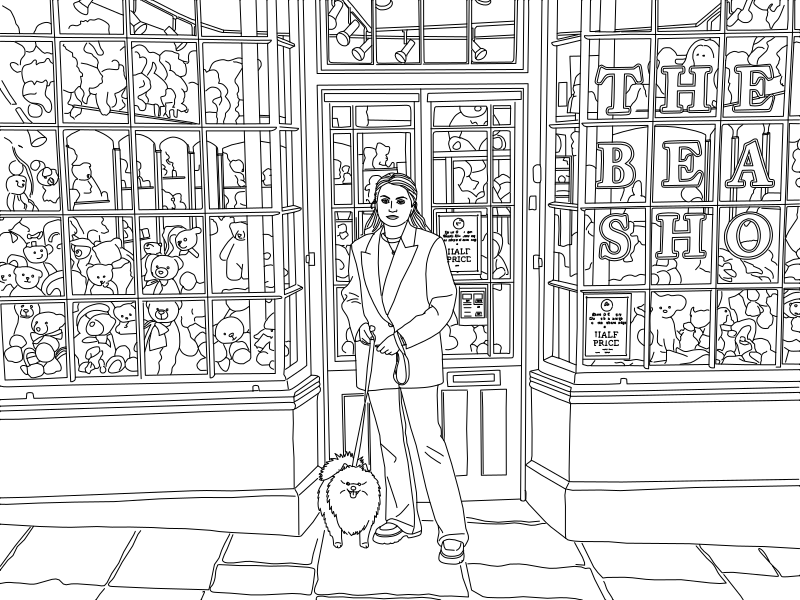 Vector line drawing of a woman holding a leash with a Pomeranian, standing outside a shop with multi-paned windows full of teddy bears.