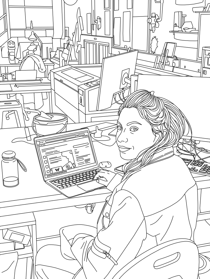 Vector line drawing of a woman seated at a workshop workstation, showing her figure, loose hair, open laptop, and cluttered background with monitors and shelving.