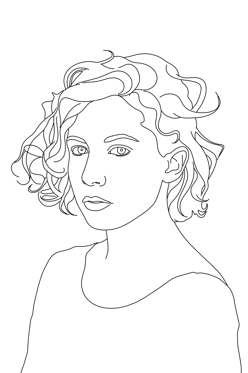 Vector line drawing of a young woman portrait, showing short curly hair, facial features, jawline, and shoulder outline.