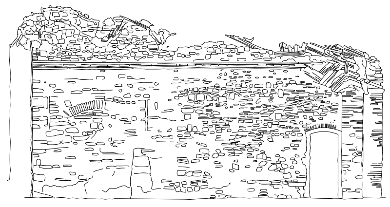 Interior elevation line drawing of one wall of the Zobor Hill church ruin, rubble masonry and a doorway, drawn from a laser scan