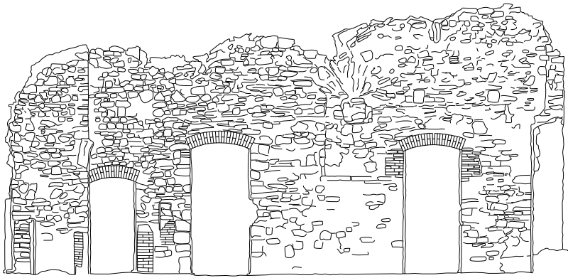 Stone-by-stone elevation of a ruined arcade wall on Zobor Hill, Slovakia, with its brick arches, drawn from a laser scan