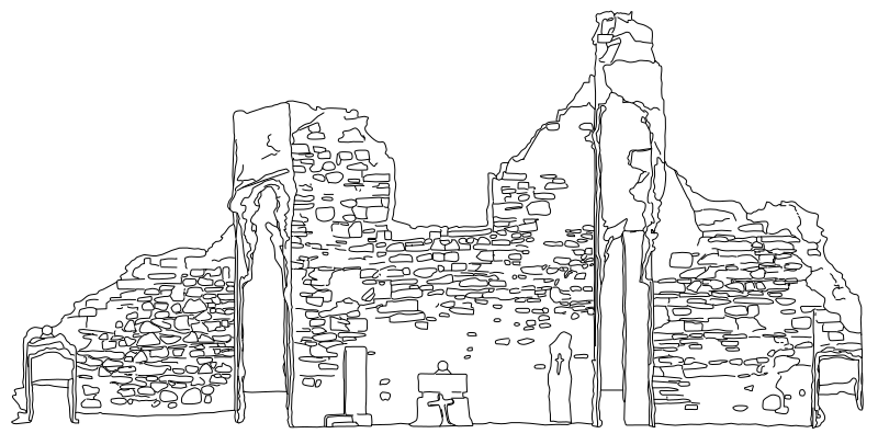 Section line drawing through the nave of the Zobor Hill church ruin, with the interior wall beyond, drawn from a laser scan